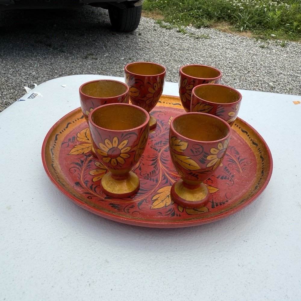 Vintage Wooden Khokhloma Vodka Shot‎ Glasses with Tray